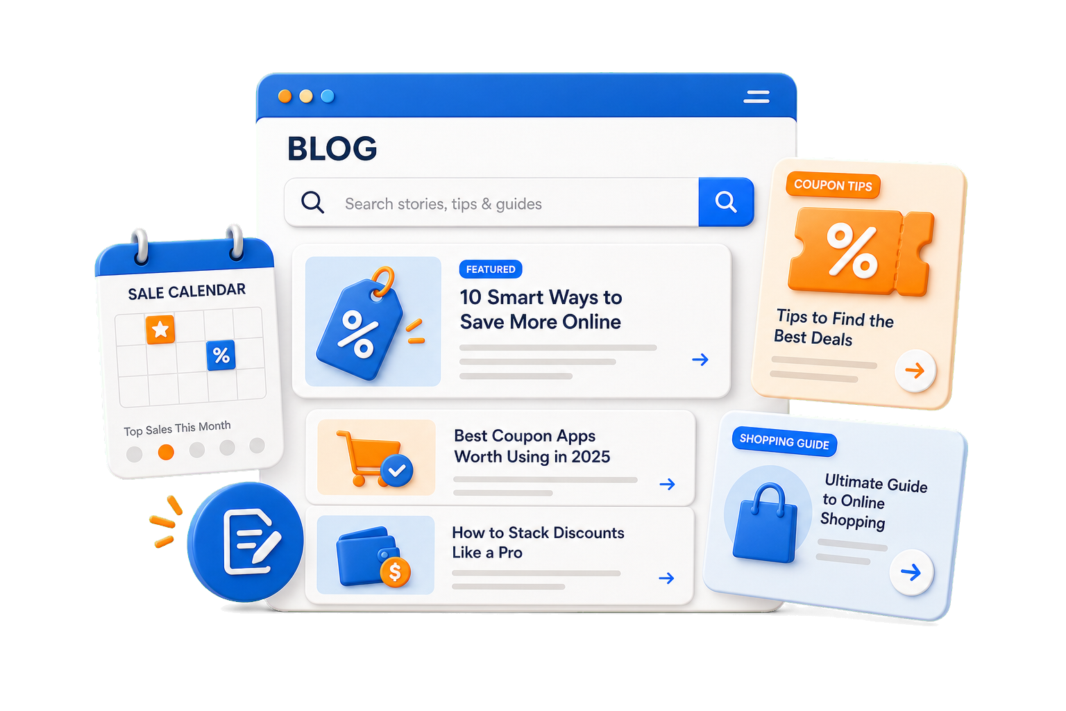CouponLeo blog hero showing story search, sale calendar, and coupon tips