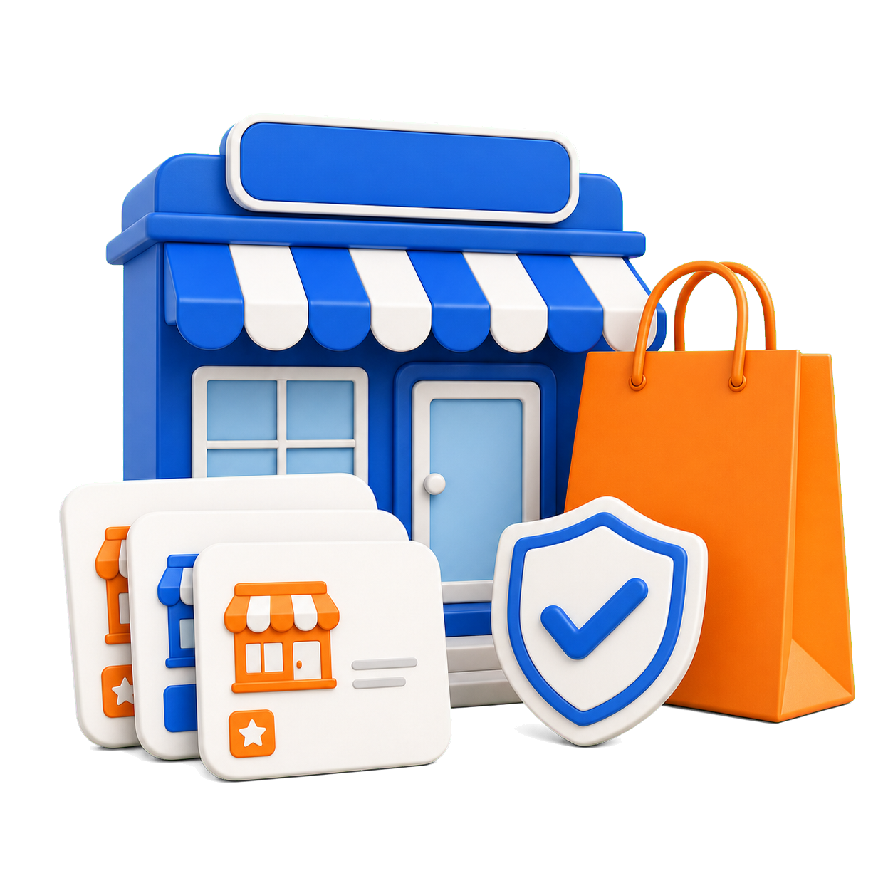 Stores hero featuring a storefront, store cards, shopping bag, and verification shield