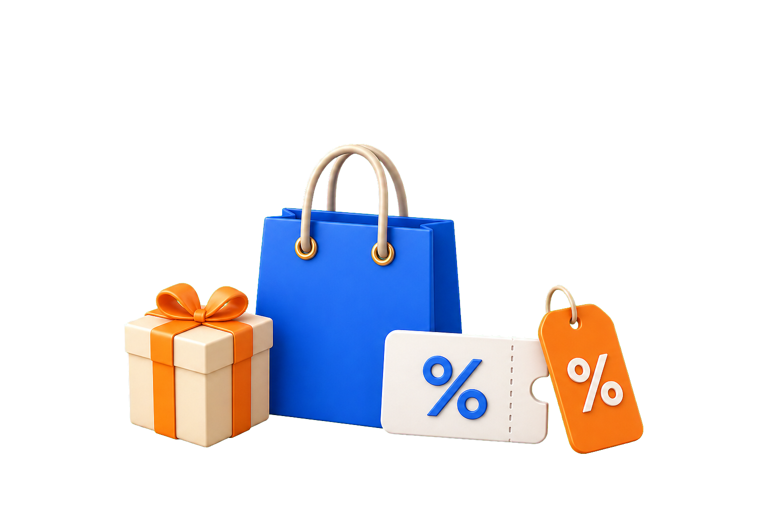 Shopping bag, discount tag, and gift box